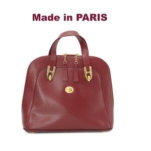 Paris France Red Leather Purse Structured Satchel Bag Top Handle Handbag